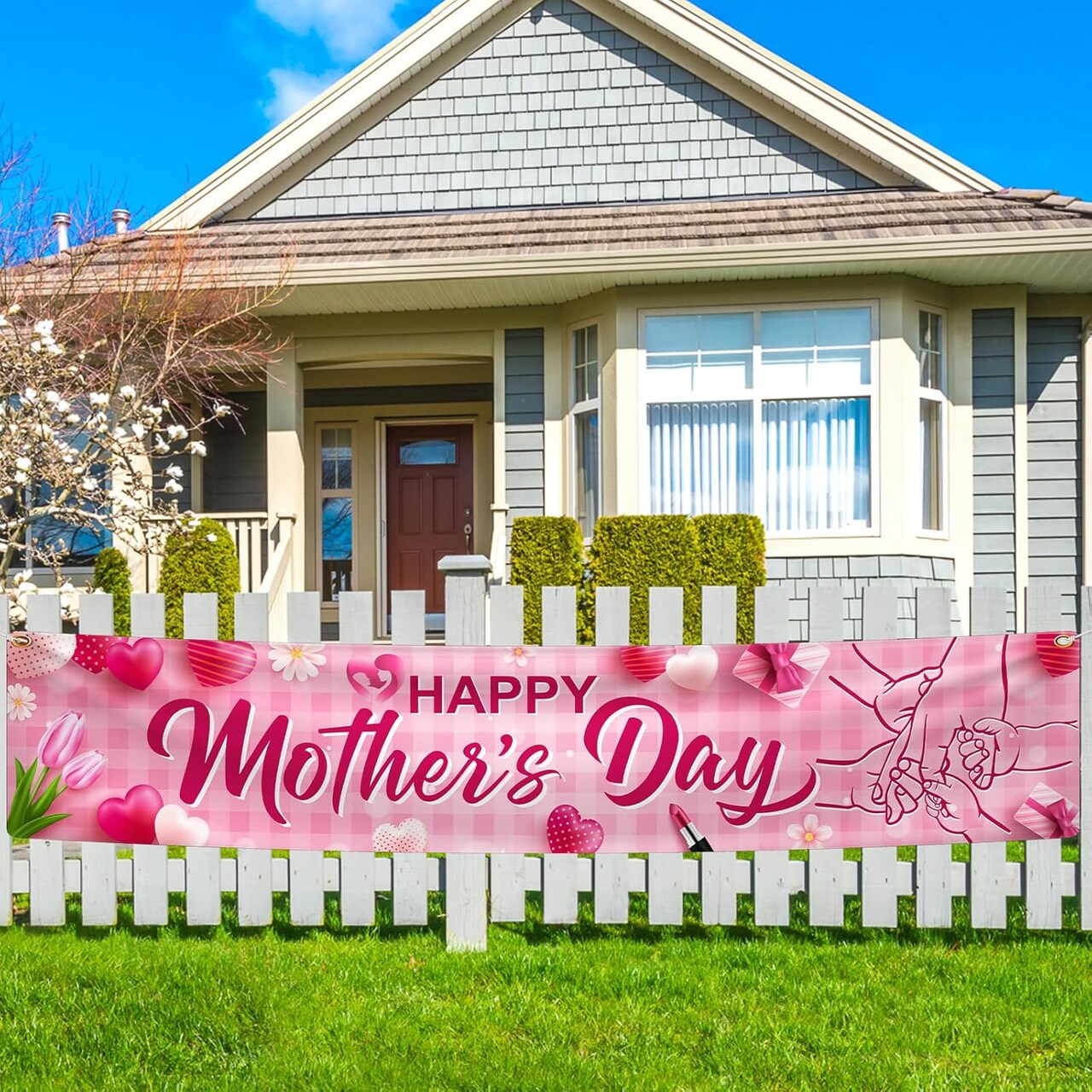 Happy Mother's Day Banner Happy Mother’s Day Banner Decorations – Pink Heart & Floral Mother’s Day Yard Sign, Indoor and Outdoor Hanging Banner for Best Mom Ever, Mother’s Day Birthday Party Supplies